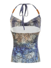 Aiertu  -Vintage Abstract Print Contrast Beaded Halter Top aiertu