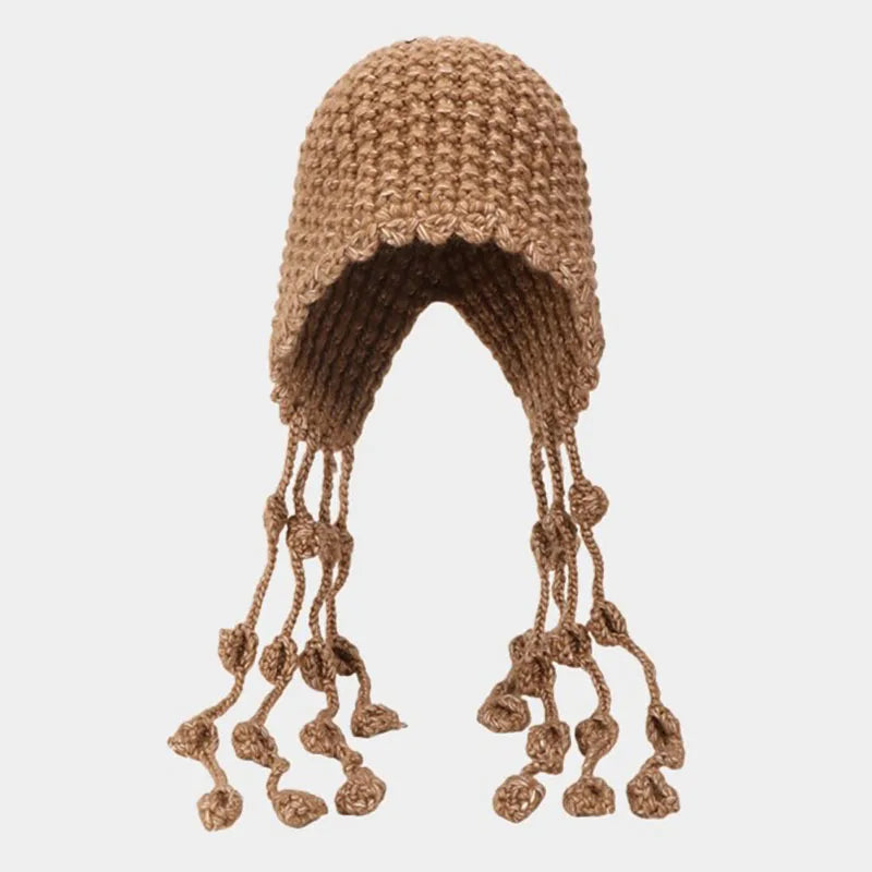 Aiertu  -  Winter Handmade Beanies for Women Fashion Tassel Thickened Warm Knitted Pullover Hat Outdoor Ear Protection Strap Woolen Bonnets Aiertu