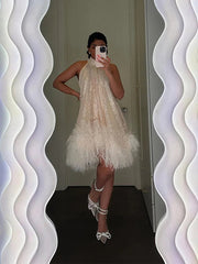 Aiertu  -  Elegant White Sequins Feather Hem Mini Dress Women Sexy Off Shoulder Loose Halter Dresses 2026 New Shiny Female Party Vestidos Aiertu