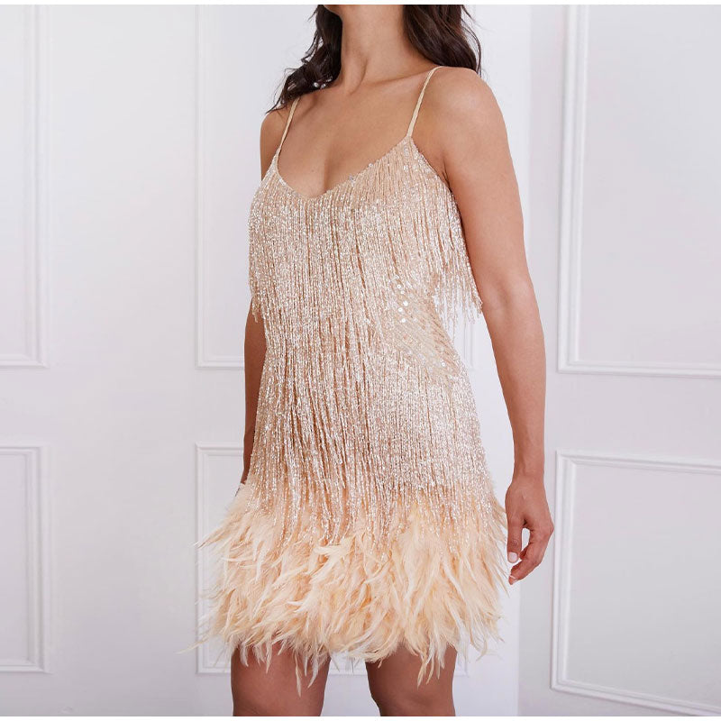 Aiertu Sequins Tassel Feather Spaghetti Strap Dress Women Fashion Sexy Stitching Mini Dresses Ladies Evening Party Club Elegant Dress Aiertu