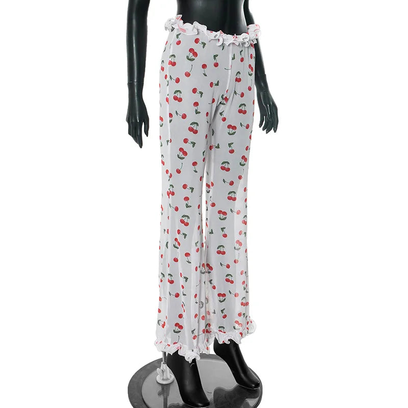 Aiertu  -  Women's Sexy See Through Ruffles Flare Pants Cherry Print Mesh Trousers 2025 New Summer Cute Party Club Bottoms Beachwear Aiertu