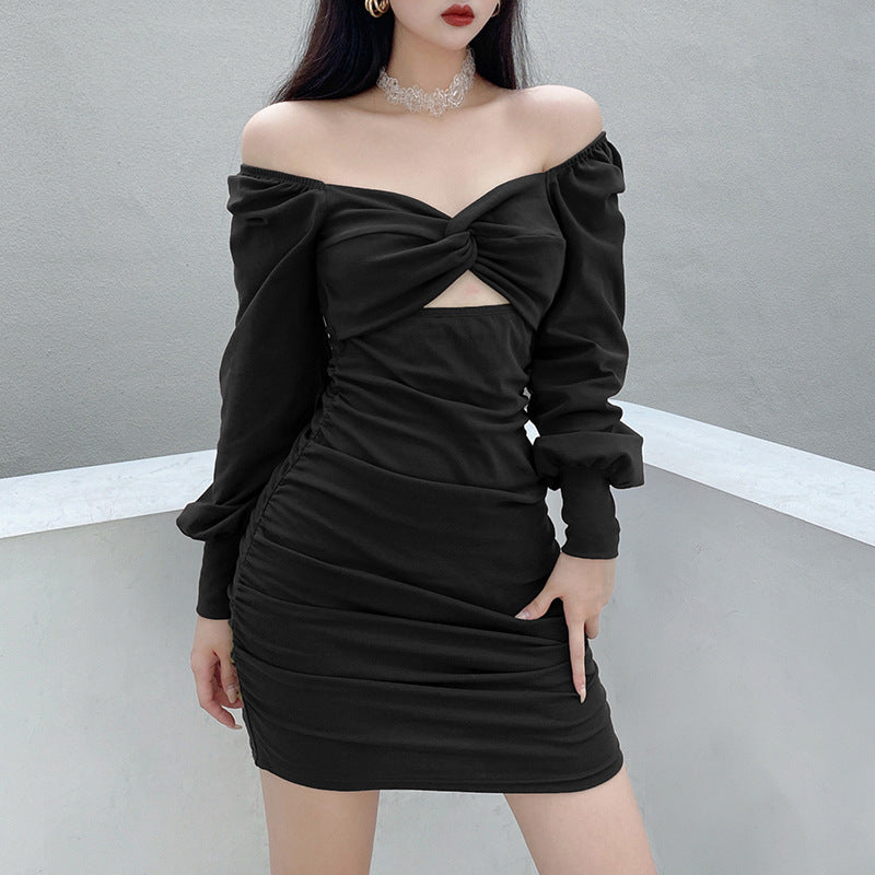 Aiertu - Twist Chest Cutout Puff Sleeve Pleats Dress Aiertu