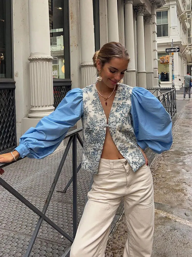 Aiertu  -  Chic V-neck Printed Patchwork Shirts Women Elegant Single Breasted Long Sleeve Blouse 2026 Casual Lady High Street Tops Aiertu
