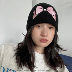 Aiertu  -  Autumn Winter Bow Embroidery Knitted Hats Women Girls Fashion Pink Bow Warm Adult Beanie Hat Korean Skullies Caps Female Bonnet Aiertu