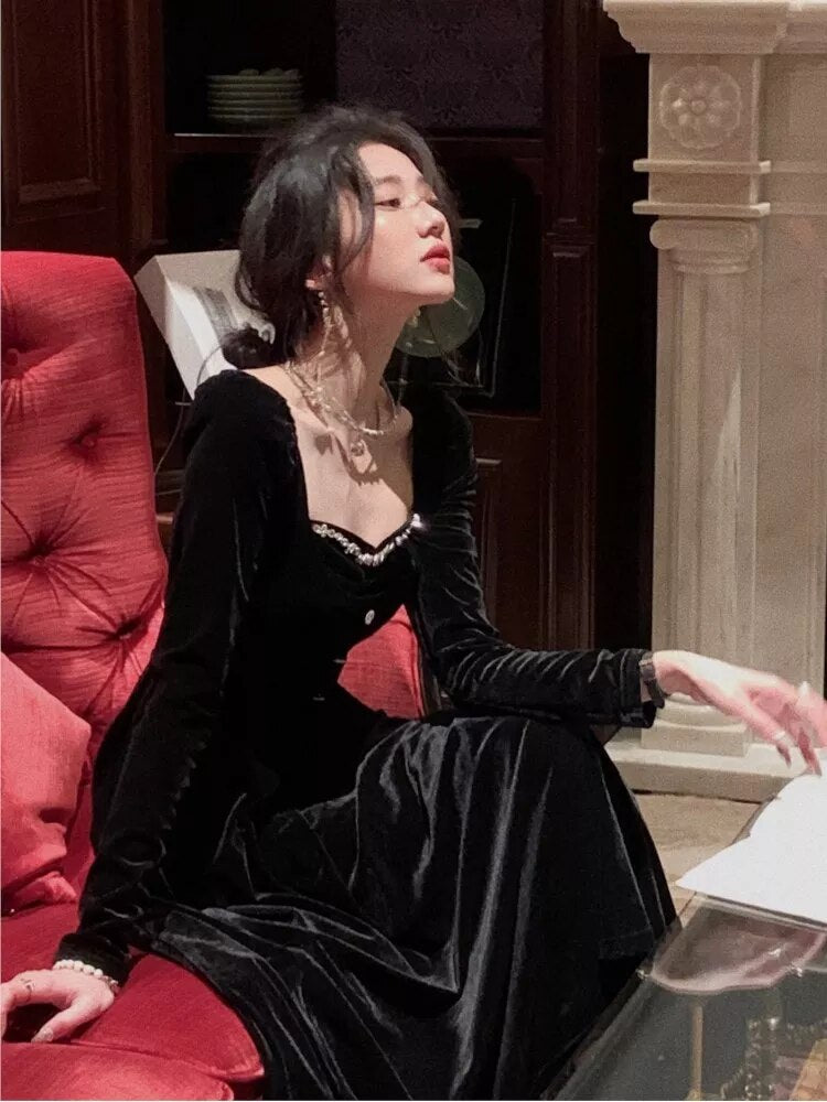 Aiertu Velvet Women's Dresses Autumn Black Bodycon Evening Party Dress Korean Style Elegant Long Sleeve Graduation Vestidos Aiertu