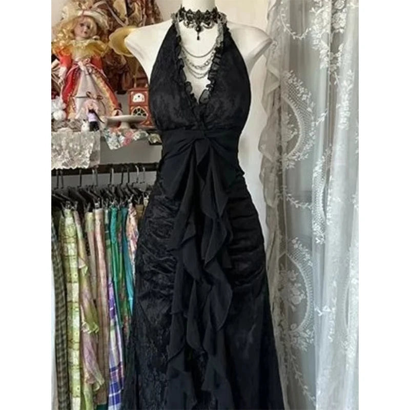 Aiertu  -  Y2K Black Lace Midi Dress Women Party Sexy Halter Ruffles Dresses Summer Vintage Korean V Neck Backless Bodycon Vestidos Aiertu