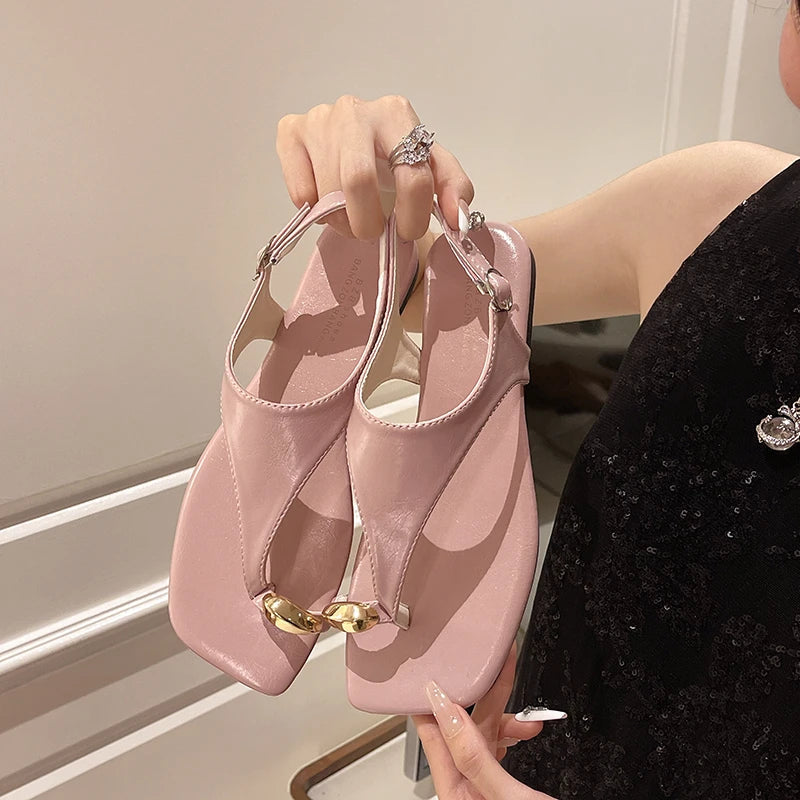 Aiertu  -  Brand Design Women Flat Sandals Clip Toe Leisure Outside Beach Shoes for Lady Fashion Metal Decoration 2025 Summer Footwear Aiertu