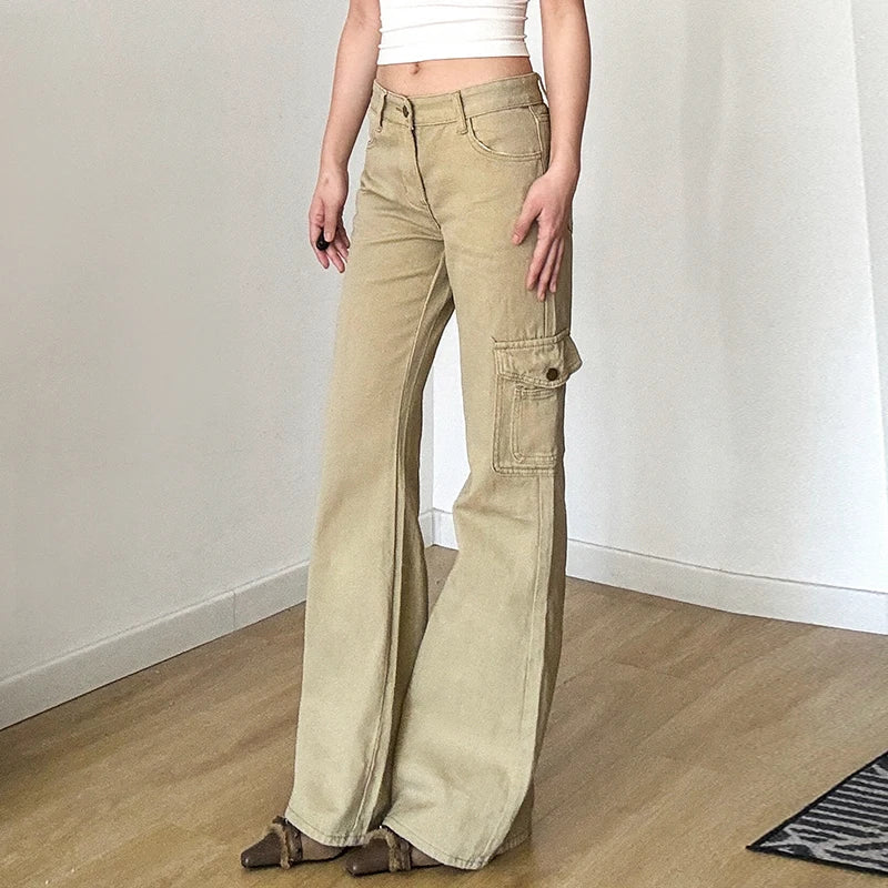Aiertu  -  Y2K Casual Women Straight Jeans Khaki Fashion Pocket Cargo Pants Retro 90s Loose Denim Trousers Spring High Street Aiertu