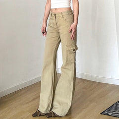 Aiertu  -  Y2K Casual Women Straight Jeans Khaki Fashion Pocket Cargo Pants Retro 90s Loose Denim Trousers Spring High Street Aiertu