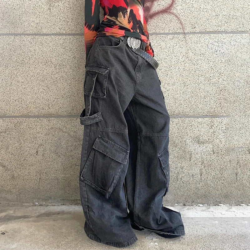 Aiertu  -  Gothic Fashion Women Cargo Jeans Grunge Loose Fit Pocket Denim Pants Harajuku Y2K Boyfriend Style Wide Leg Trousers Aiertu