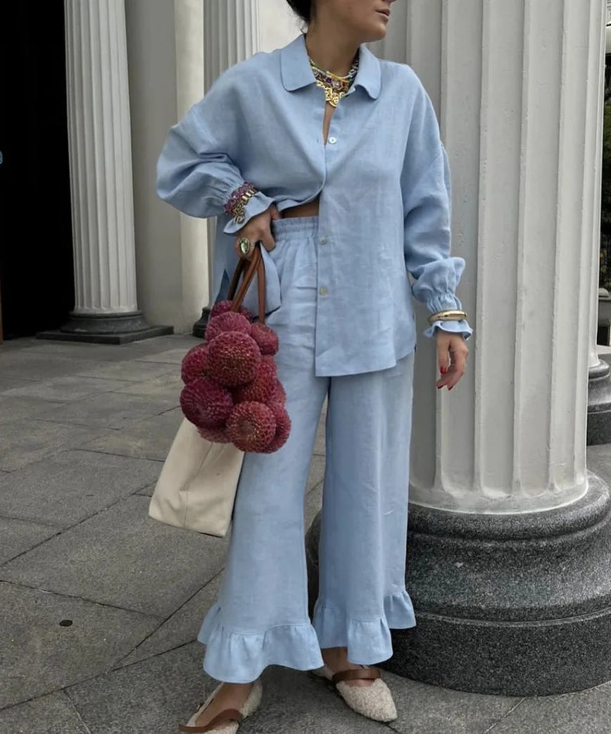 Aiertu  -  Blue Casual Ruffles 2 Piece Set Autumn New Single Breasted Ruffle Blouse Sleeve Blouse+Pants Sets Simple Fashion Women's Suits Aiertu