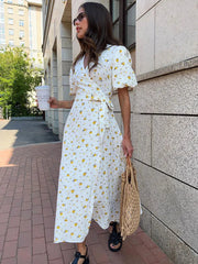 Aiertu  -  Women's V-neck Short Sleeve Floral Printed Cotton Dress Fashion Streetwear 2026 High Waist Bandage A-line Long Holiday Dresses Aiertu