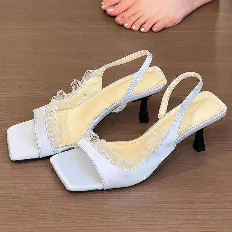 Aiertu  -  Square Toe Women Sandals High Heels Shoes Lace Slingback Elegant Shoes Trend Summer Pumps Dress Slippers Designer Sandalias Aiertu