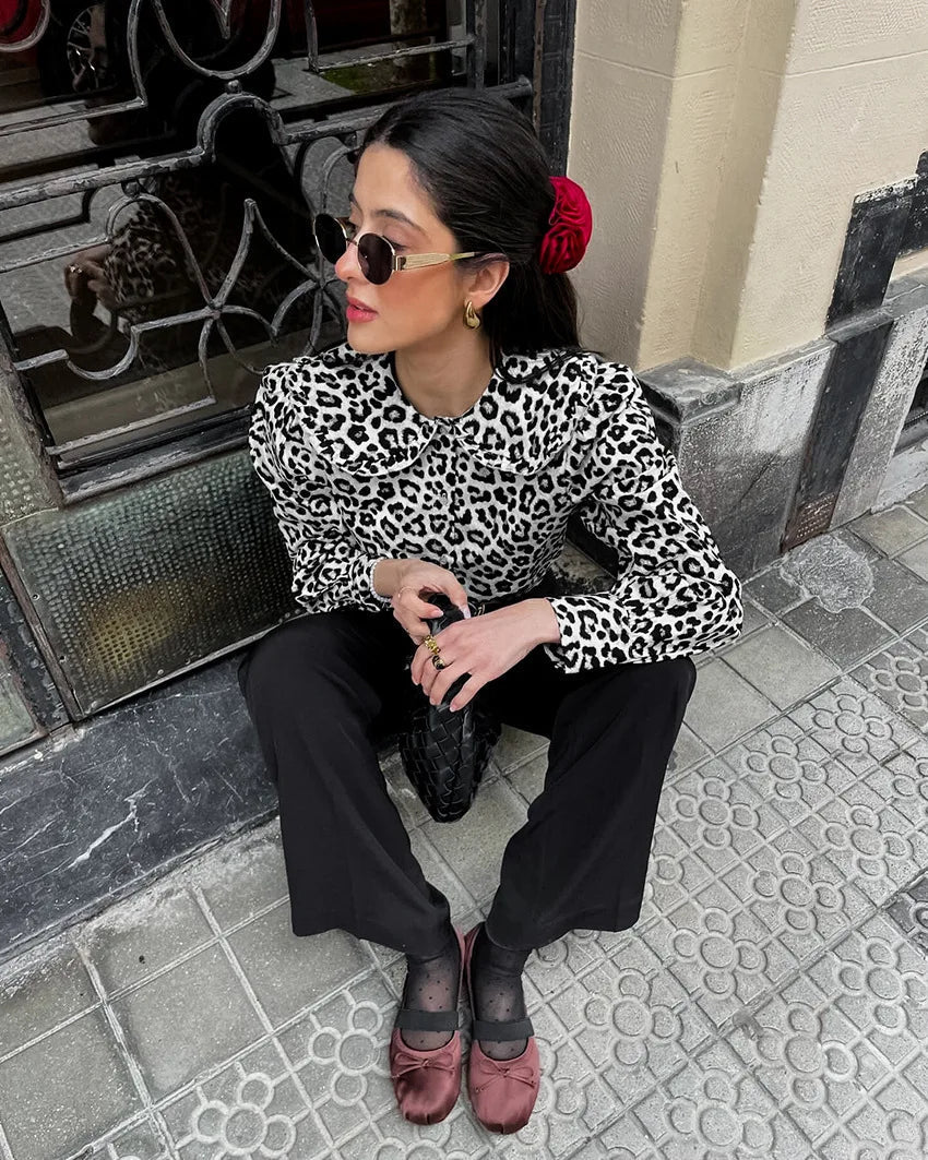 Aiertu  -  Spring Leopard Casual Shirts For Women Peter Pan Collar Long Sleeve Blouse Streetwear Vintage Single Breasted Blouses 2025 New Aiertu