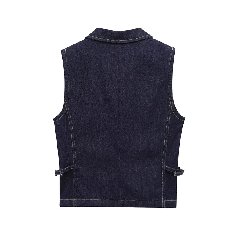 Aiertu  -  High Street Denim Tank Women Lapel Sleeveless Zippers Slim Crop Tanks Female 2025 Spring Summer Fashion Casual Solid Lady Tops Aiertu