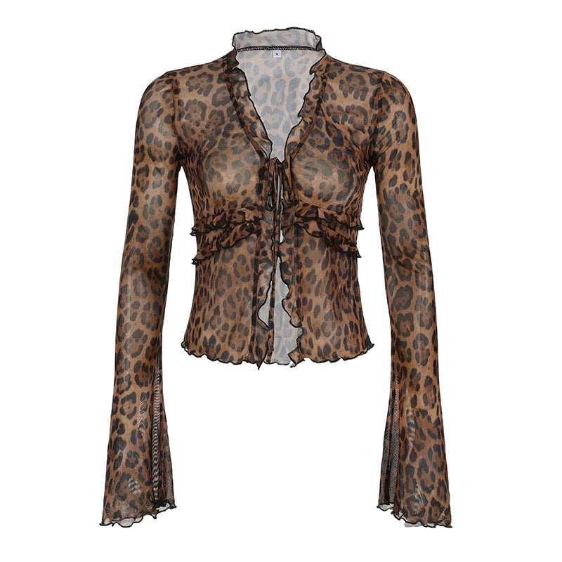 Aiertu - summer inspo Leopard Print Lace-Up Blouse Shirts Women Semi-Sheer Mesh Elegant Fashion Sexy Flared Sleeve Ruffled Cardigan Tops Aiertu