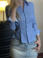 Aiertu  -Blue Striped Collared Long Sleeve Shirt aiertu