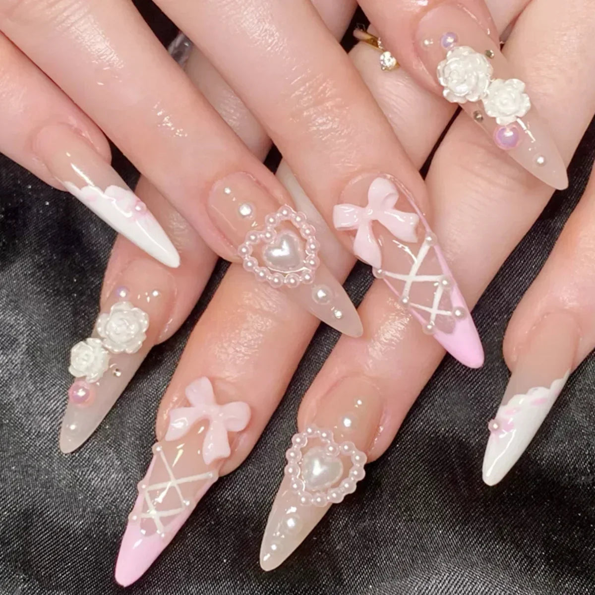 Aiertu 24Pcs Pink Almond French Press on Nails With 3D Bow ripple charms Design Fake Nails Ballerina False Nails Full Cover Nail Tips Aiertu