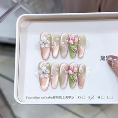 Aiertu  -  10PCS Sweet Flower Long Oval Handmade Press on Nail with Glitter Pink Cat Eye Gradient Summer Color Fake Nail Wearable Nail Tips Aiertu