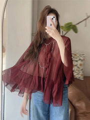 Aiertu  -  Layered Bow Cloak Women Shirt Top Pleated Round Neck Female Cape Jacket Coat Ribbon French Perspective Loose Casual Blouse New Aiertu