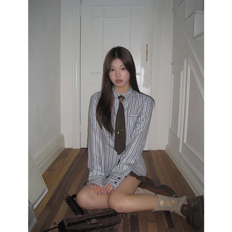 Aiertu Y2K Harajuku Striped Shirts Women Vintage Streetwear Tie Long Sleeve Blouses Korean Preppy Slim All Match Tops Spring New Aiertu