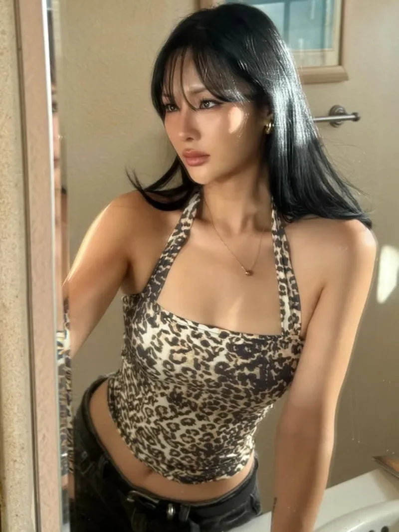 Aiertu  -  Sexy Women Halter Neck Leopard Print Corset 2026 Summer Female Fashion Backless Bandage Crop Tops High Street Skinny Tank Top Aiertu