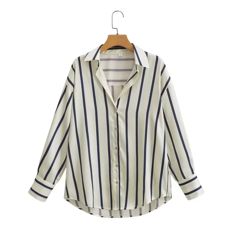 Aiertu  -  Stripes Shirt Women Autumn Spring Black Casual Loose Blouse Turn Down Collar Chic Vintage Oversize Female Blusa Aiertu