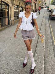 Aiertu  -  Elegant White V-neck Lace Up Shirt Women Retro Puffy Short Sleeve Waist-cinching Shirts Female 2025 Spring Chic Street Lady Tops Aiertu