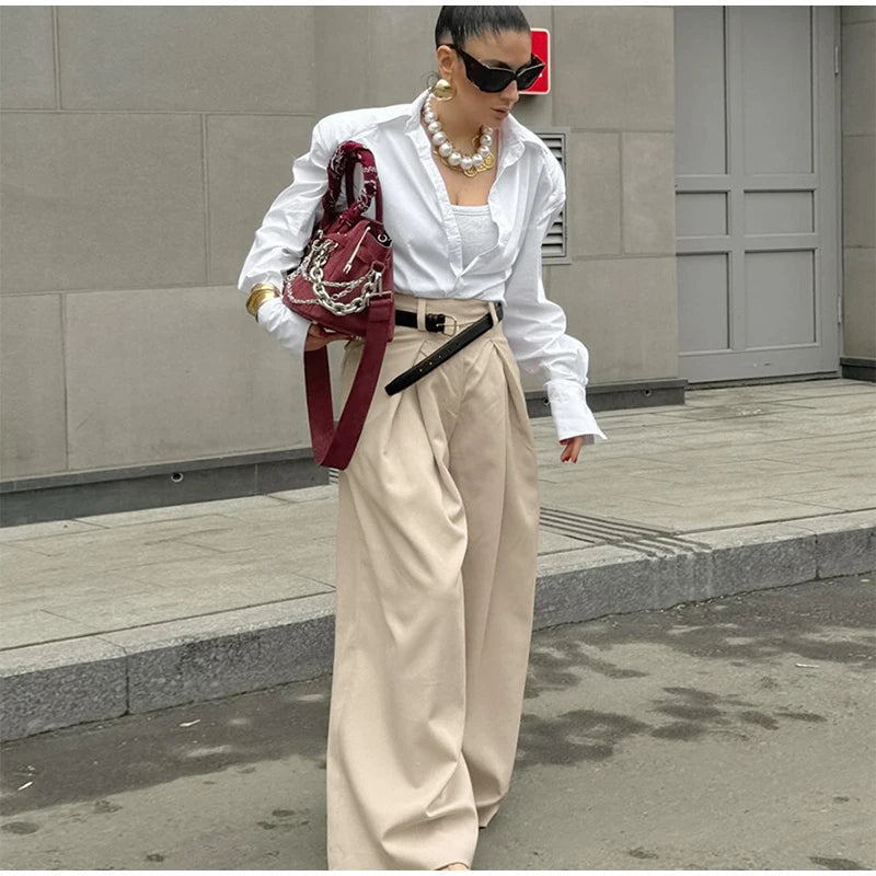 Aiertu  -  Casual Khaki Pleated Wide Legs Pants Women Chic High Waist Baggy Trousers Female 2026 Spring Summer New Fashion Office Pant Aiertu