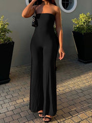 Aiertu - summer inspo Hot Black Solid Strapless Elegant Long Jumpsuits For Women Slim Wide Leg Flared Rompers Simple Fashion Vacation Overalls Aiertu