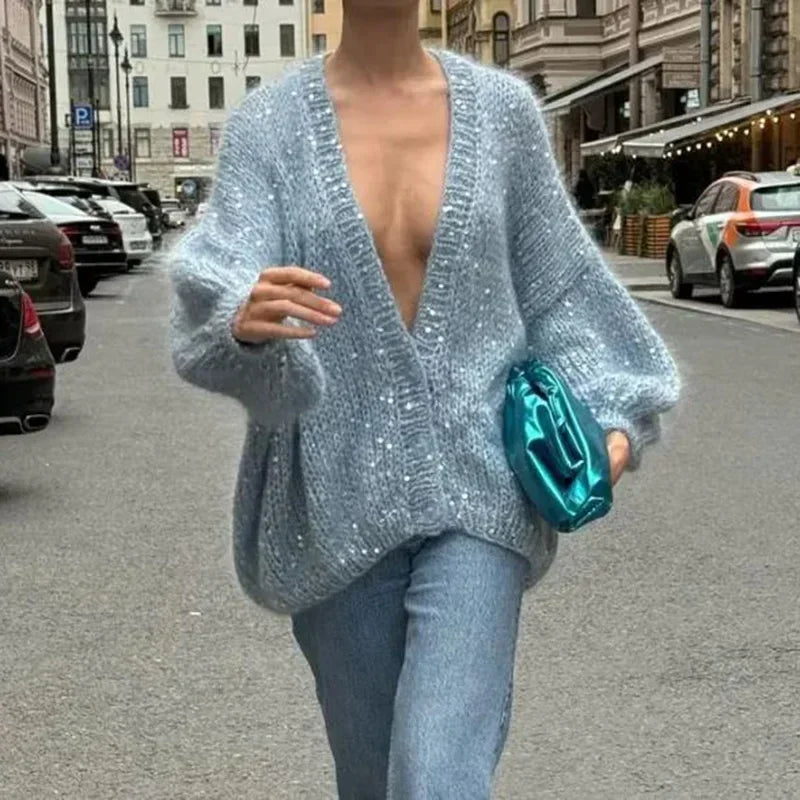 Aiertu  -  Sequins Knit Women Sweater Loose Deep V-neck Long Lantern Sleeve Female Pullover 2026 Autumn Winter Fashion Casual Lady Knitwear Aiertu