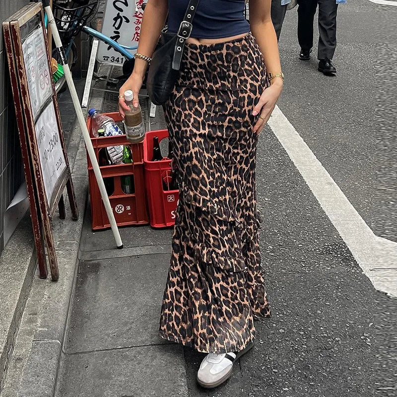 Aiertu  -  Leopard Print Ruffled Long Skirts For Women Elastic High Waisted Patchwork Loose Female Summer Fashion Club Party Skirts Aiertu