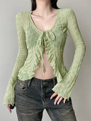 Aiertu  -  Women Y2k Aesthetic See Through Ruffled Shirt Grunge Slim Bandage Harajuku Blouse Sexy Streetwear Flare Sleeve Blusas De Mujer Aiertu
