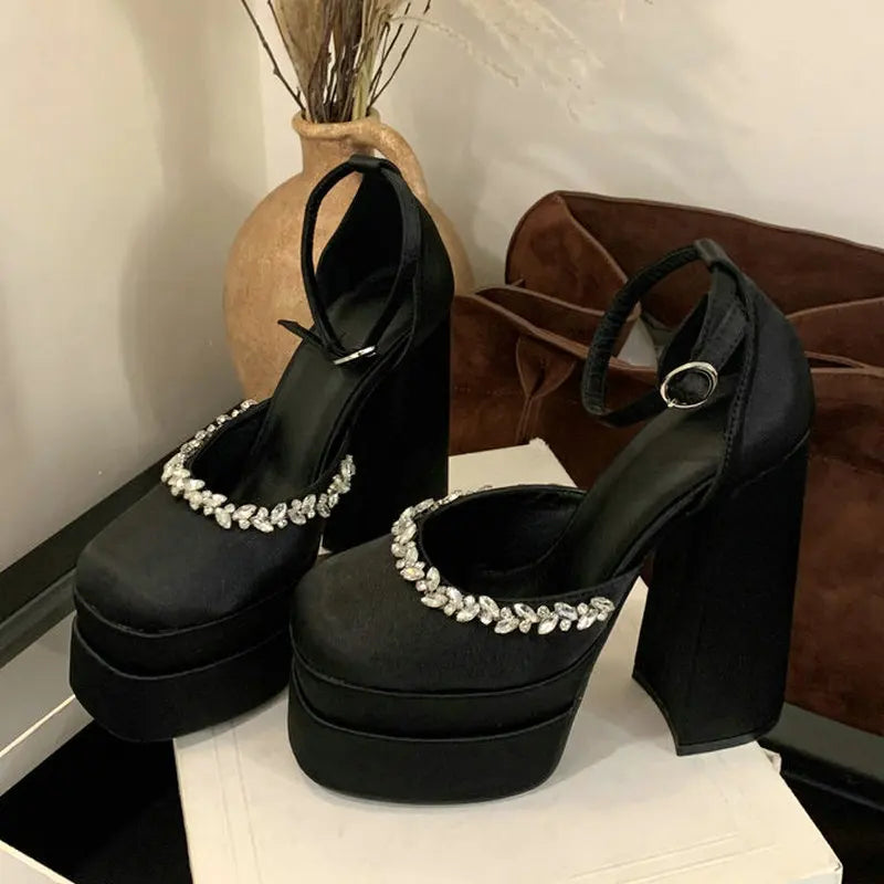 Aiertu  -  Women'S Summer Fashion Waterproof Platform Sandals Square Hollow Thick Heel Bao Head High Satin High Heels Catwalk Pumps Aiertu
