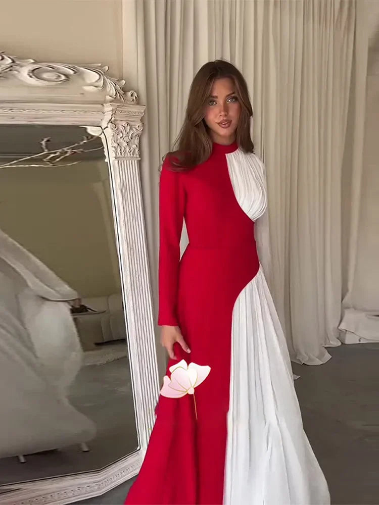 Aiertu  -  Fashion Patchwork Pleated Long Sleeve Dress Women Fashion Half High Collar Evening Dresses 2026 Autumn New Lady Party Long Robes Aiertu