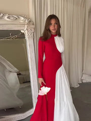 Aiertu  -  Fashion Patchwork Pleated Long Sleeve Dress Women Fashion Half High Collar Evening Dresses 2026 Autumn New Lady Party Long Robes Aiertu