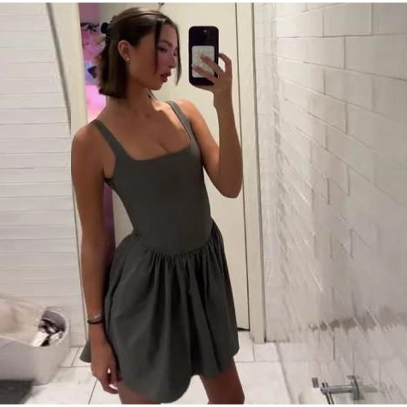 Aiertu  -  Elgant Sling Mini Dress Women Sexy Slim Square Neck Puffy Robe Female 2024 Fashion Solid Sleeveless A Line Party Dresses Lady Aiertu