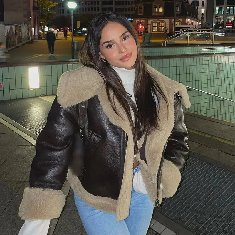 Aiertu  -  Women's Thickened Warm Spliced Leather Jacket Winter New Lapel Faux Lamb Leather Jackets Lady Long Sleeve Pocket Short Coat Aiertu