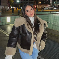 Aiertu  -  Women's Thickened Warm Spliced Leather Jacket Winter New Lapel Faux Lamb Leather Jackets Lady Long Sleeve Pocket Short Coat Aiertu