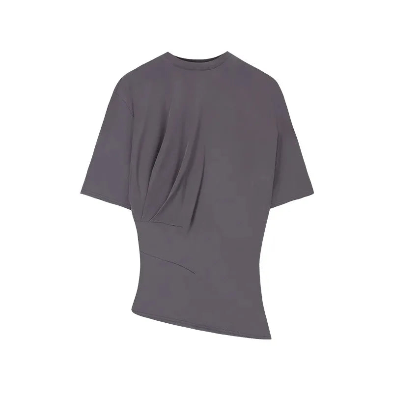 Aiertu  -  O-neck Pleated Asymmetric Casual Short-sleeved T-shirt Women 2026 Summer New High Street Fashion Solid Color All Match Tops Aiertu