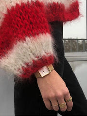 Aiertu  Red Striped Mohair Pullover Sweater Women Scoop Neck Lantern Sleeve Knitted Sweaters Autumn Winter New Casual Fashion Jumpers Aiertu