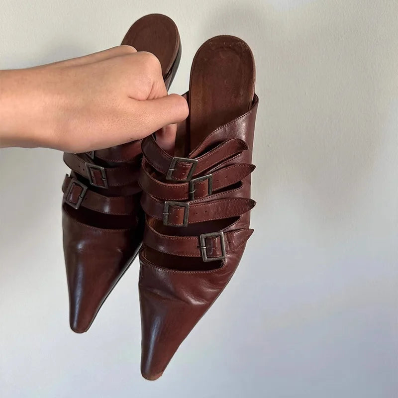 Aiertu    -  Summer New Women's Brown Wrap Toe Pointed Toe Flat Genuine Leather Belt Buckle Vintage Ladies Outdoor Office Daily Slippers Aiertu