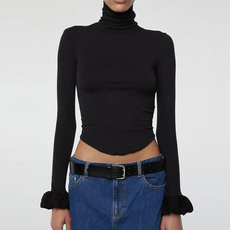 Aiertu  -  High Necked Knitted Pullover Women's Elegant Sweater Long Sleeve Ruffle Cuff Short Sweaters Women Minimalist Slim Fit Tops 2026 Aiertu