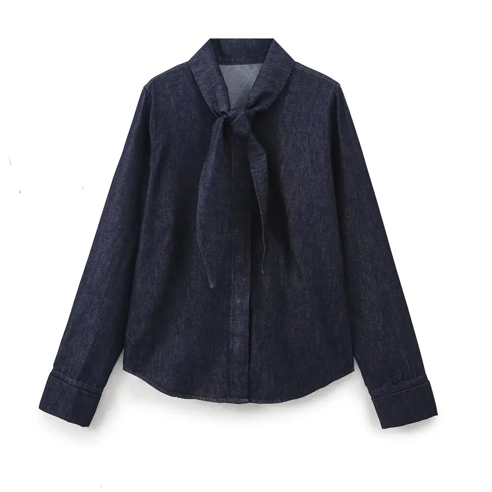 Aiertu  -  Autumn Women Neck Self Tie Long Sleeve Denim Shirt Long Sleeve High Street Blouse blusas mujer Aiertu