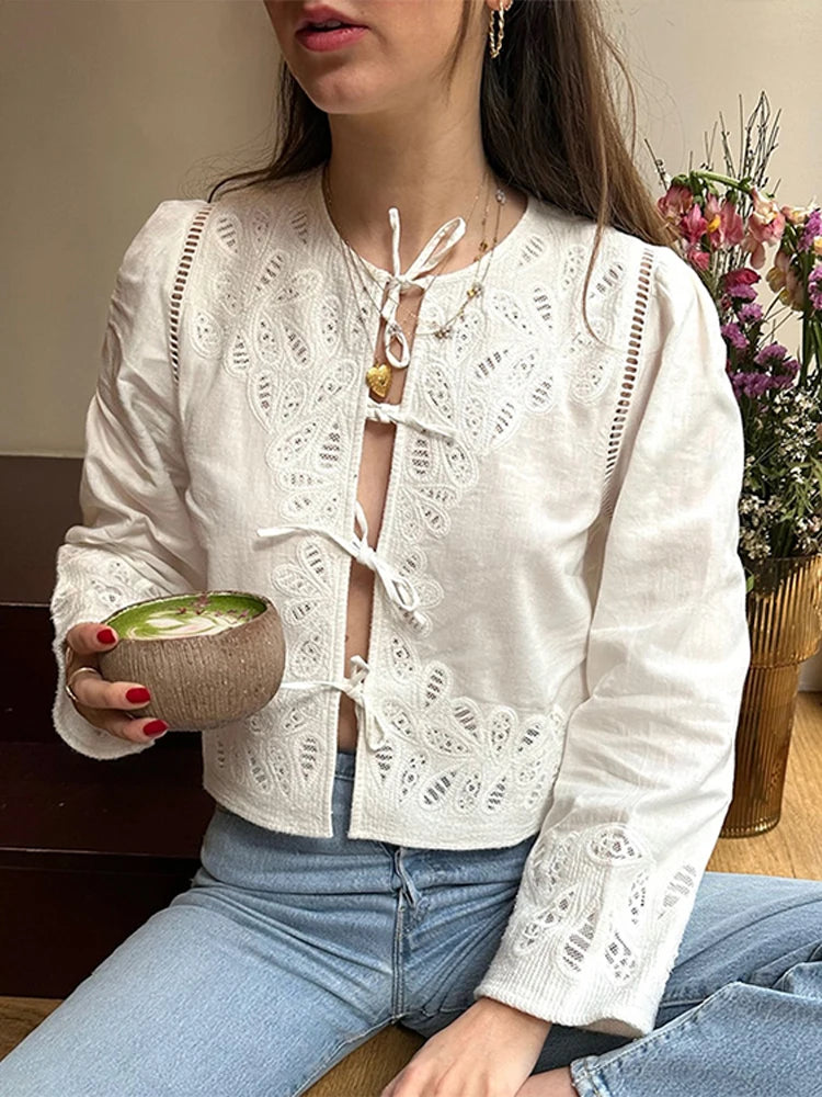 Aiertu  -  Ladies Sweet Lace Embroidery White Shirt New French Spring Ladies Round Neck Lace Hem Short Blouse Top Versatile 2025 Aiertu