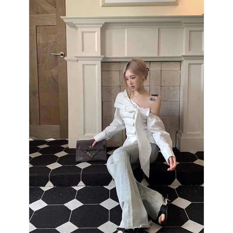 Aiertu Elegant White Shirts Women Streetwear Fashion Bow Bandage Blouses Korean Sexy Off Shoulder Long Sleeve Slim Design Tops Aiertu