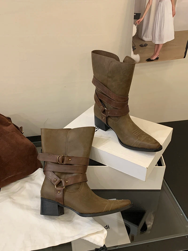Aiertu    -  Black Chunky Heels Ankle Boots Woman Pointed Toe Rivet Fall Shoes Belt Buckle Western Style Cowboy Boots Zapatos Mujer Aiertu