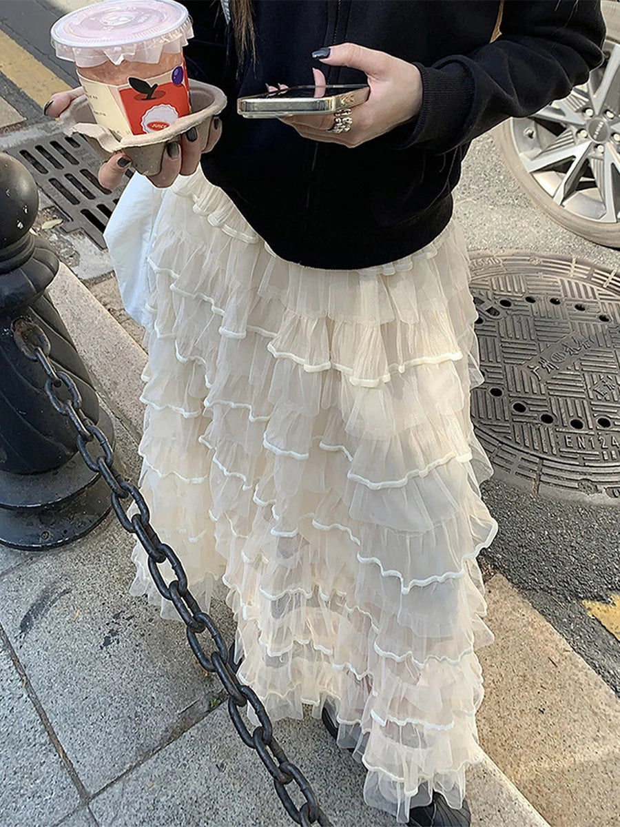 Aiertu  -  Summer 2026 Long Cake Skirt Women Solid Color High Rise Layered Ruffled A-line Tulle Skirt for Daily Office Aiertu