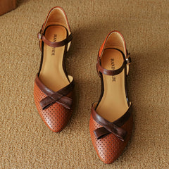 Aiertu  -  Plus size 34-41 women's sheepskin hollow-out mix color patchwork ankle strap flats sandals round toe elegant ladies daily shoes Aiertu