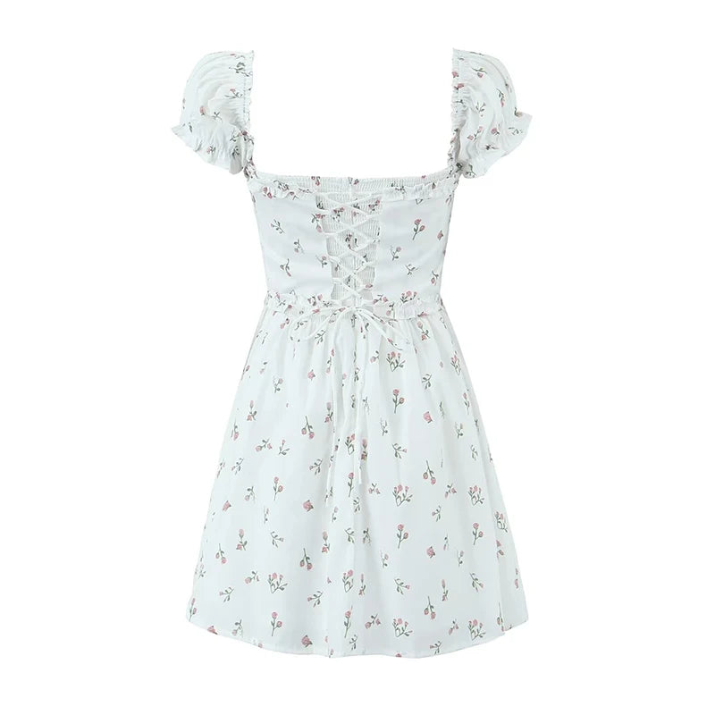 Aiertu  -  Summer Women Elegant Pink Mini Dress Vintage Puff Sleeve Slim Low Waist Birthday Party Dresses Bandage Back Robe Aiertu